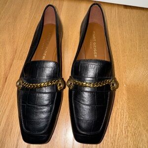 Kurt Geiger Black Croc-Embossed Loafers with Gold Chain